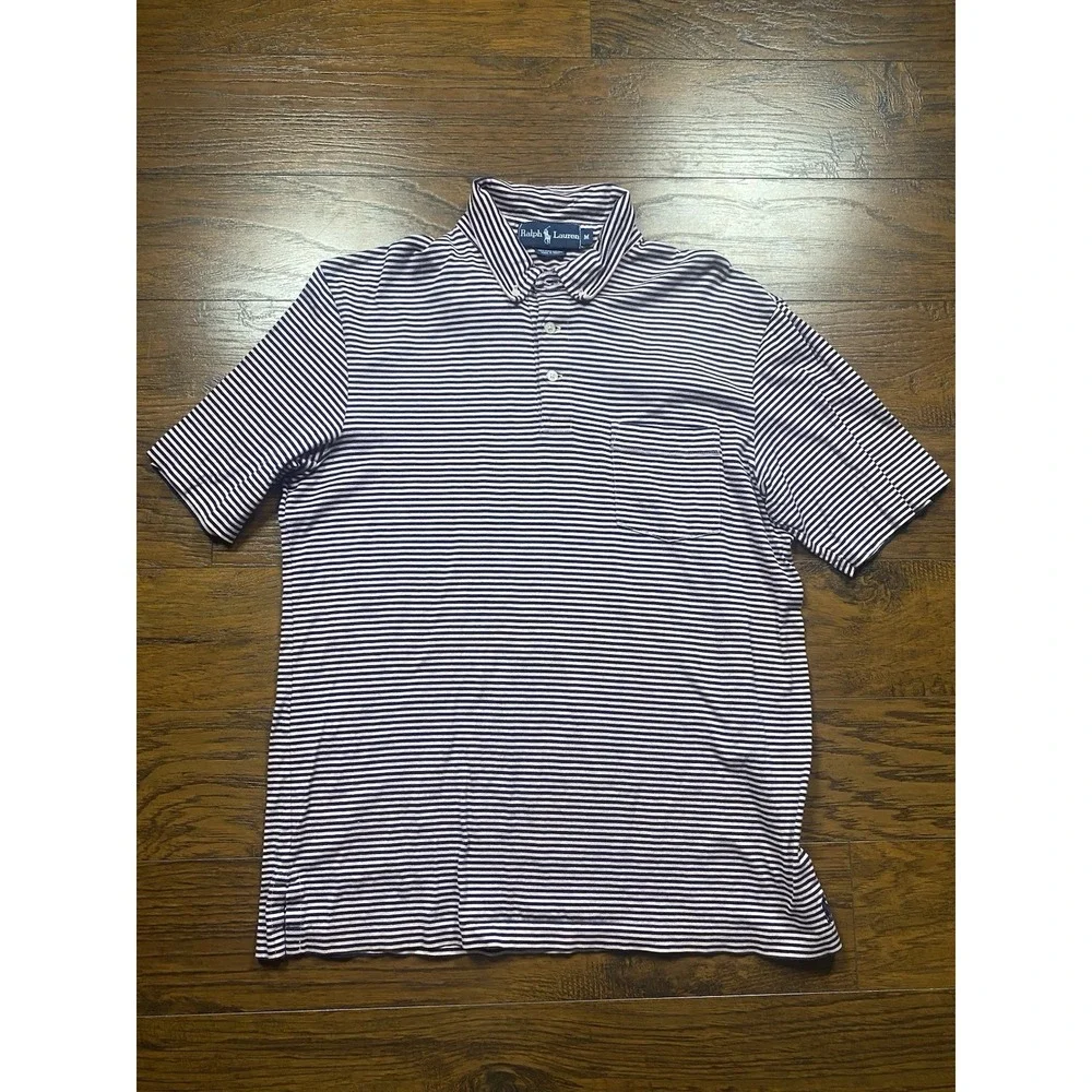Ralph Lauren Mens Pima Cotton Striped Polo Shirt Navy Pink Pocket Medium